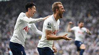 Heung-min Son and Harry Kane celebrate for Tottenham against Burnley.