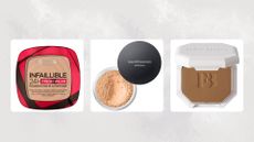 Product shots of three of the best powder foundations, L'Oréal Paris Infallible 24-Hour Fresh Wear Foundation, bareMinerals Original SPF 15 Foundation and Fenty Beauty Pro Filt’r Soft Matte Powder Foundation on a neutral background