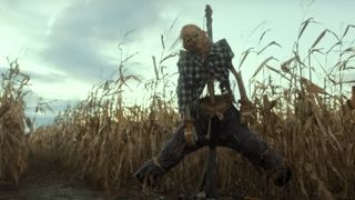 A spooky scarecrow in a cornfield during the US trailer for the horror movie, Scary Stories to tell in the Dark.