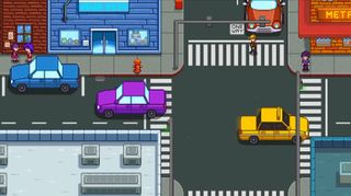 Stardew Valley Expanded - Zuzu city, a city block with lights and crosswalks and stores.