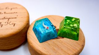 Jelly Key koi pond artisan keycaps on a wooden case