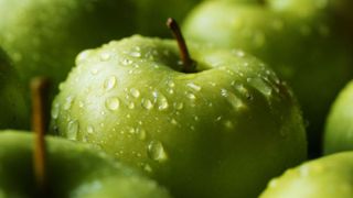Natural foods, Green, Granny smith, Apple, Fruit, Plant, Leaf, Macro photography, Food, Water,
