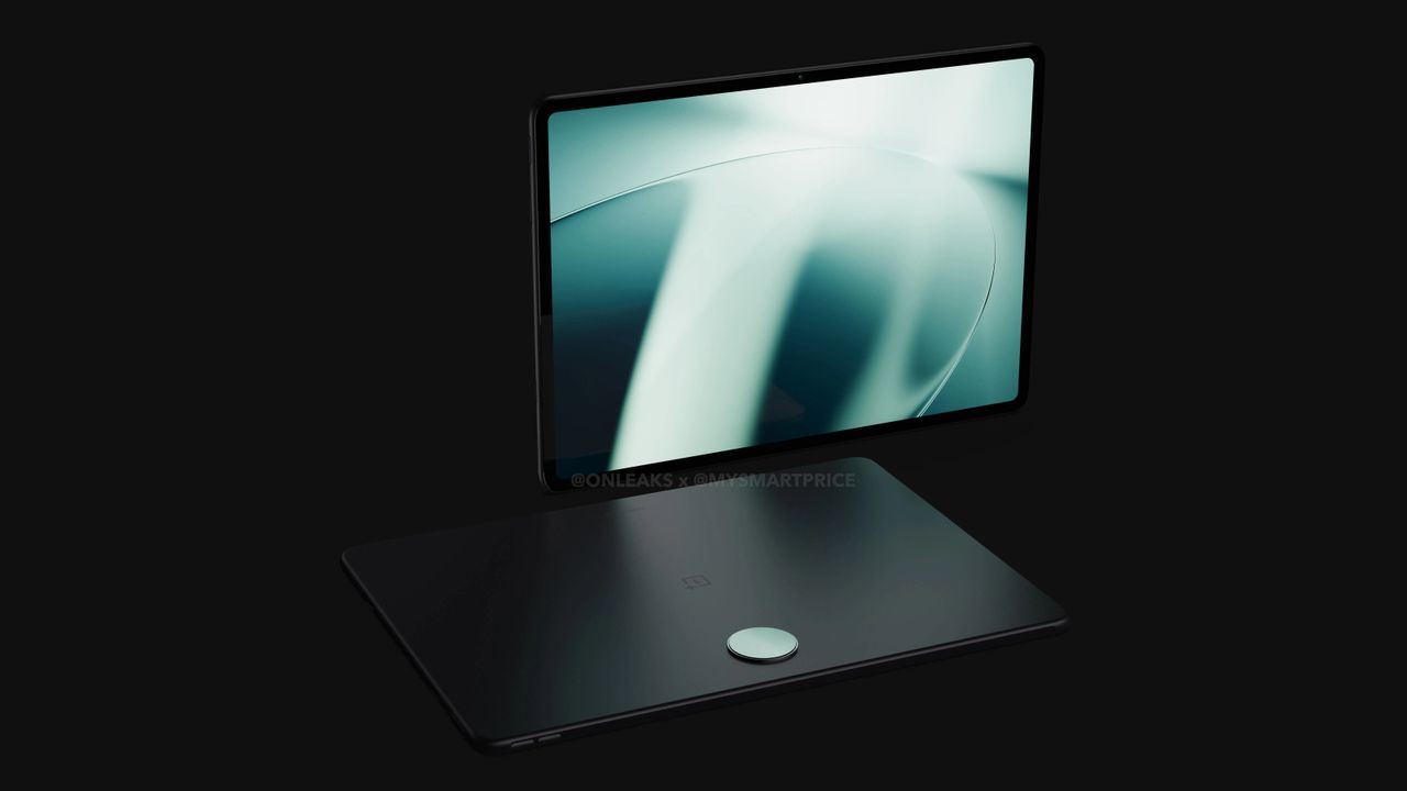 A render of the OnePlus Pad, in black on a black background