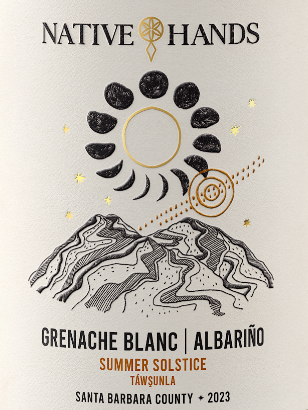 The label for Native hands Grenache Blanc-Albari&ntilde;o Summer Solstice / T&aacute;wsunla Santa Barbara County 2023 wine