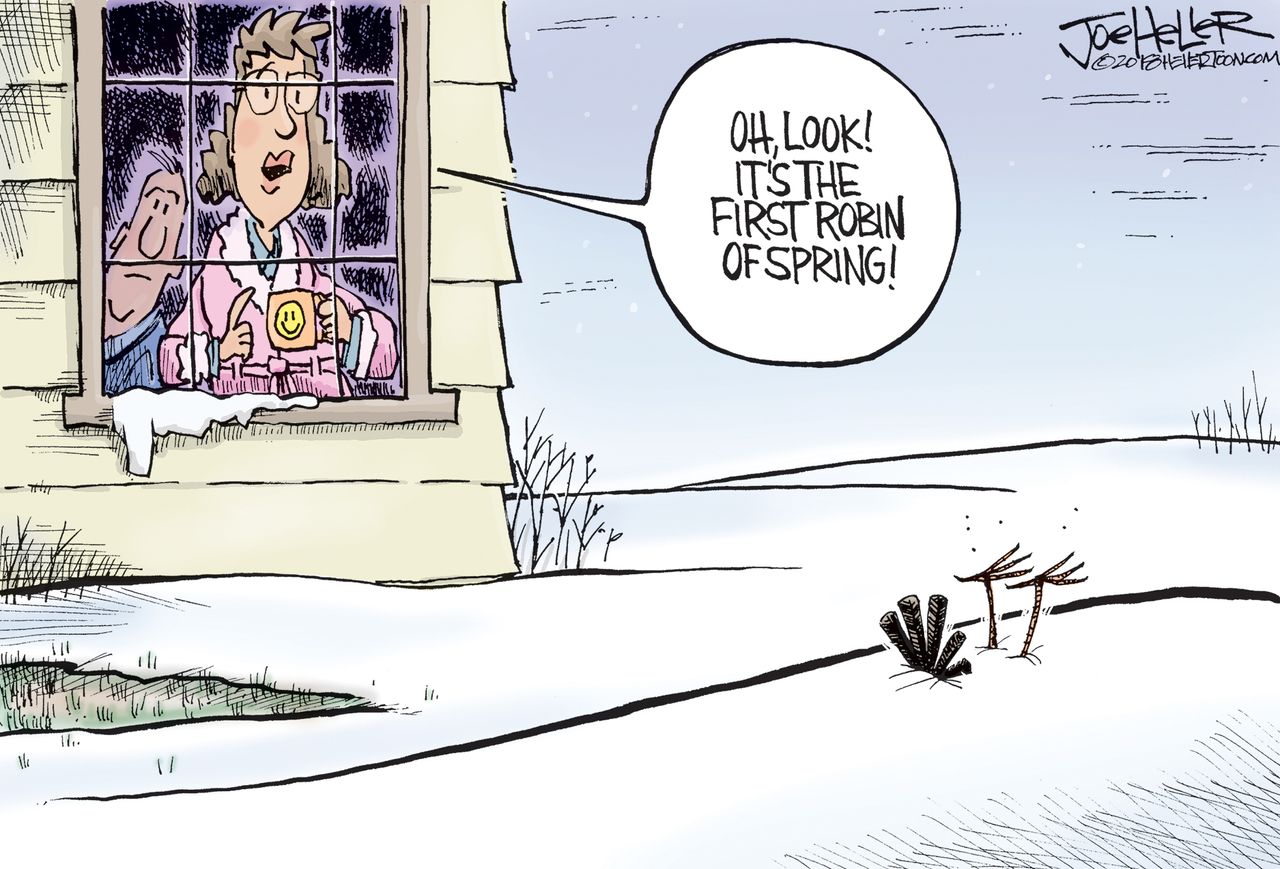 Editorial cartoon U.S. spring snow cold robin