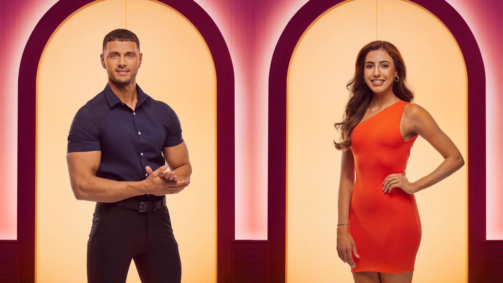 a split image of kal and sarover from love is blind uk season 2