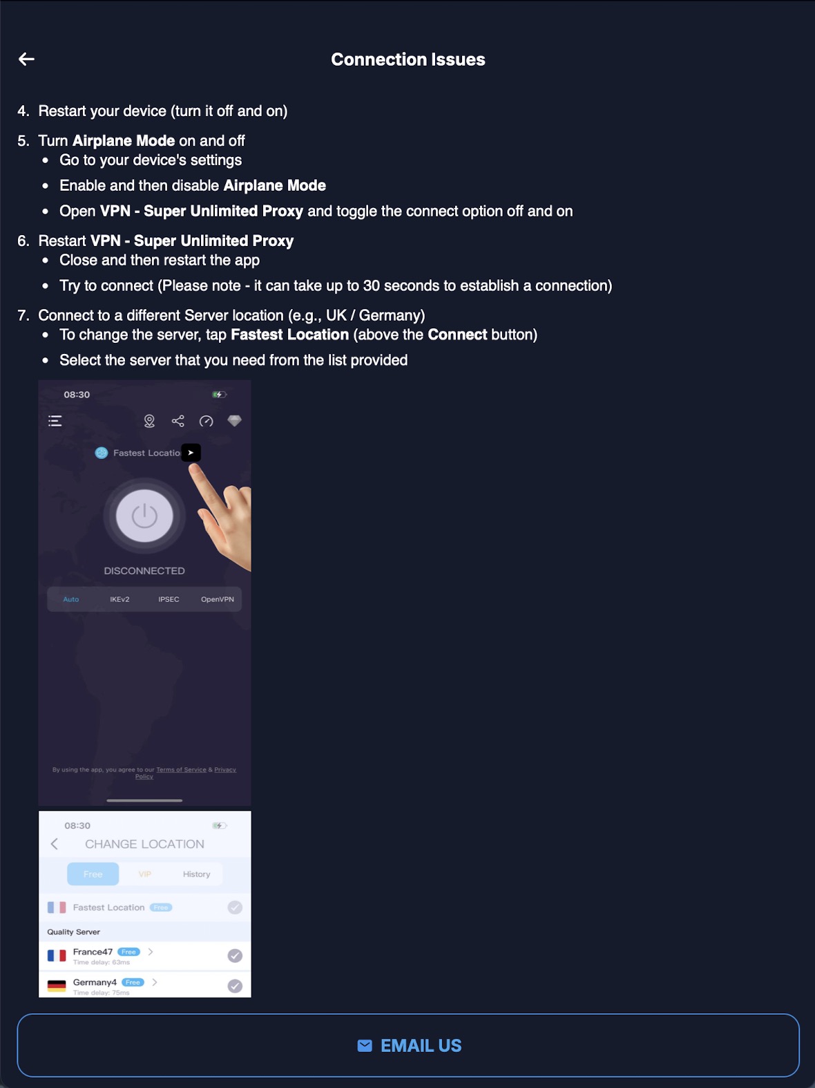VPN Super Unlimited macOS app step-by-step help section with screenshots
