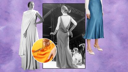 A Future graphic of vintage photos of women wearing bias cut dresses, a blue bias cut skirt, and someone cutting orange fabric.