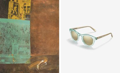 Left: artwork featuring aqua and rust-coloured panels. Right: sunglasses with aqua frames and rust legs