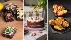 L-R: Chocolate Easter brownies, a mini eggs chocolate cake and hot cross buns 