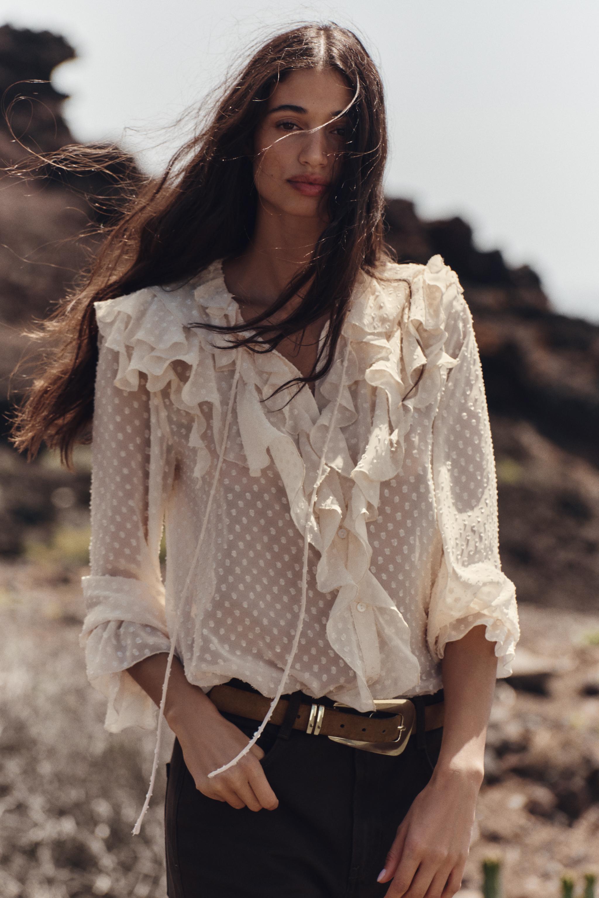 Ruffled Dotted Mesh Blouse
