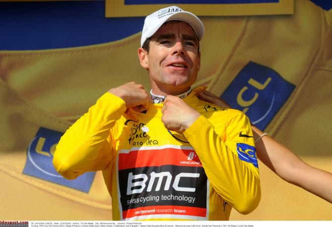 Cadel Evans (BMC) collects the yellow jersey in 2010