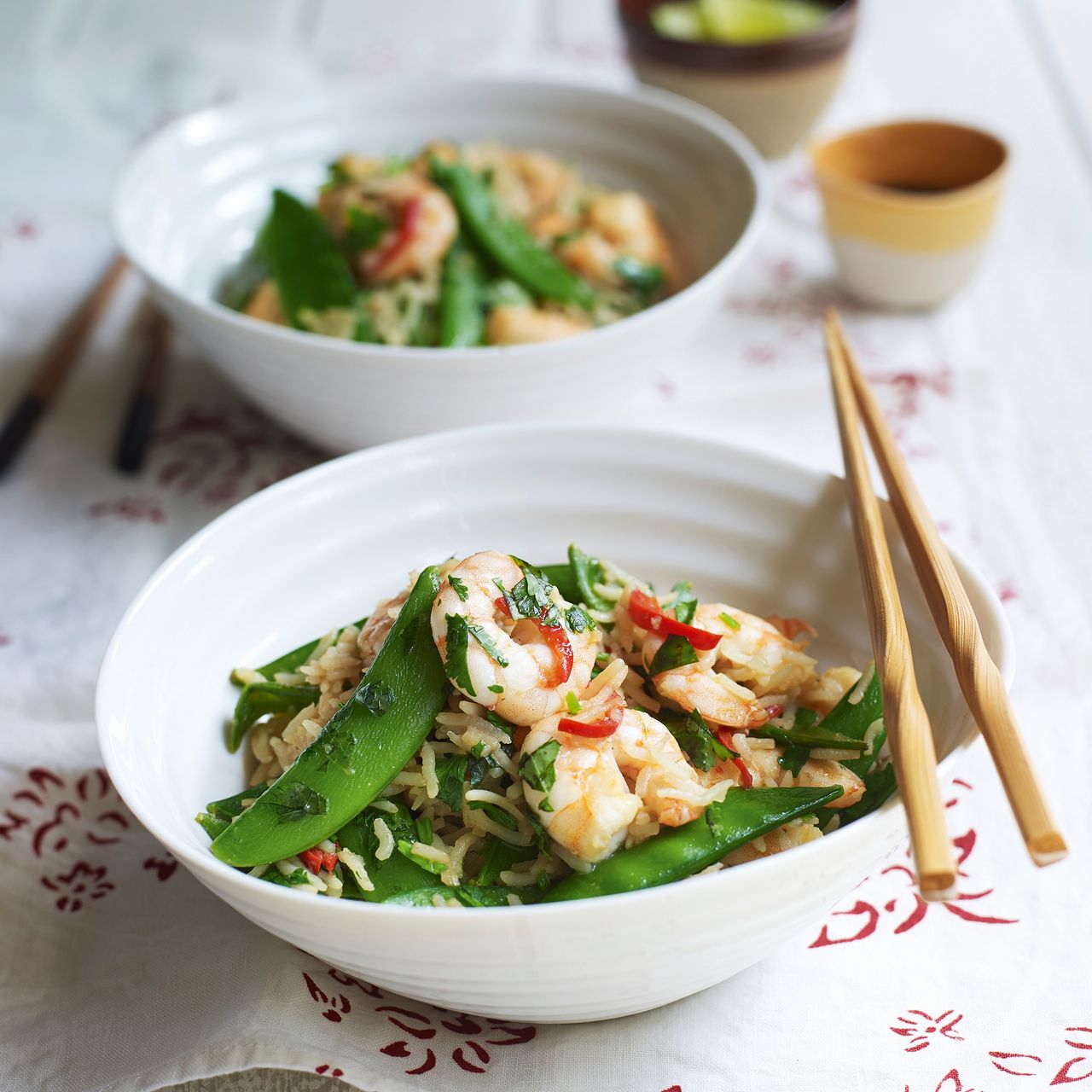 prawn and sugar-snap stir-fry with fried rice