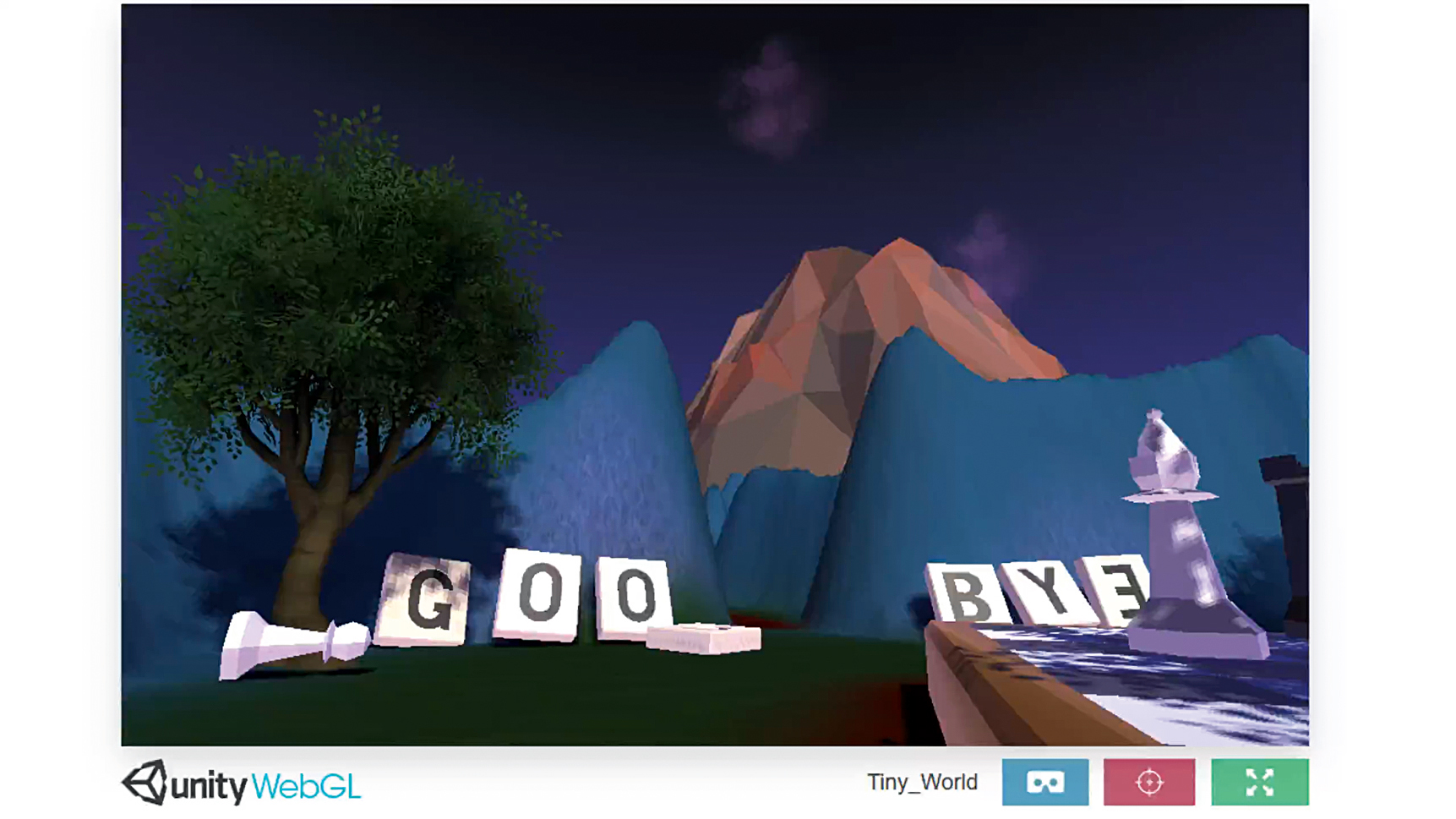 A scene from a development project in Unity after being exported to HTML5. The blue button with the headset handles switching the game into VR mode