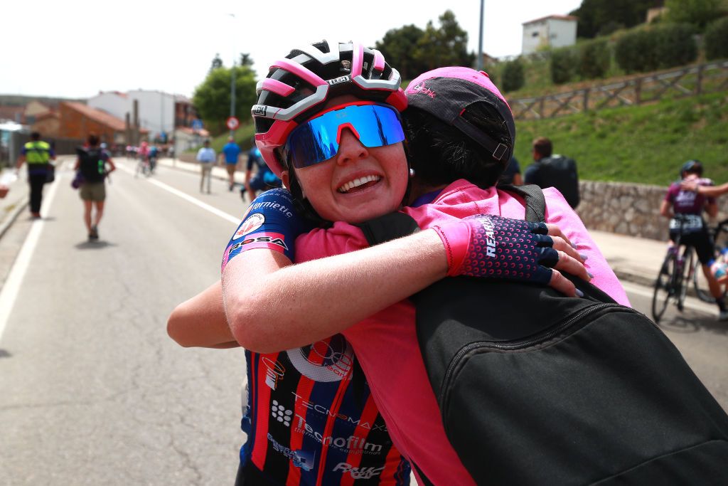 AGUILAR DE CAMPOO SPAIN MAY 20 Matilde Vitillo of Italy and Team Bepink celebrates winning during the 7th Vuelta a Burgos Feminas 2022 Stage 2 a 128km stage from Sasamn to Aguilar de Campoo VueltaBurgos BurgosFem UCIWWT on May 20 2022 in Aguilar de Campoo Spain Photo by Gonzalo Arroyo MorenoGetty Images