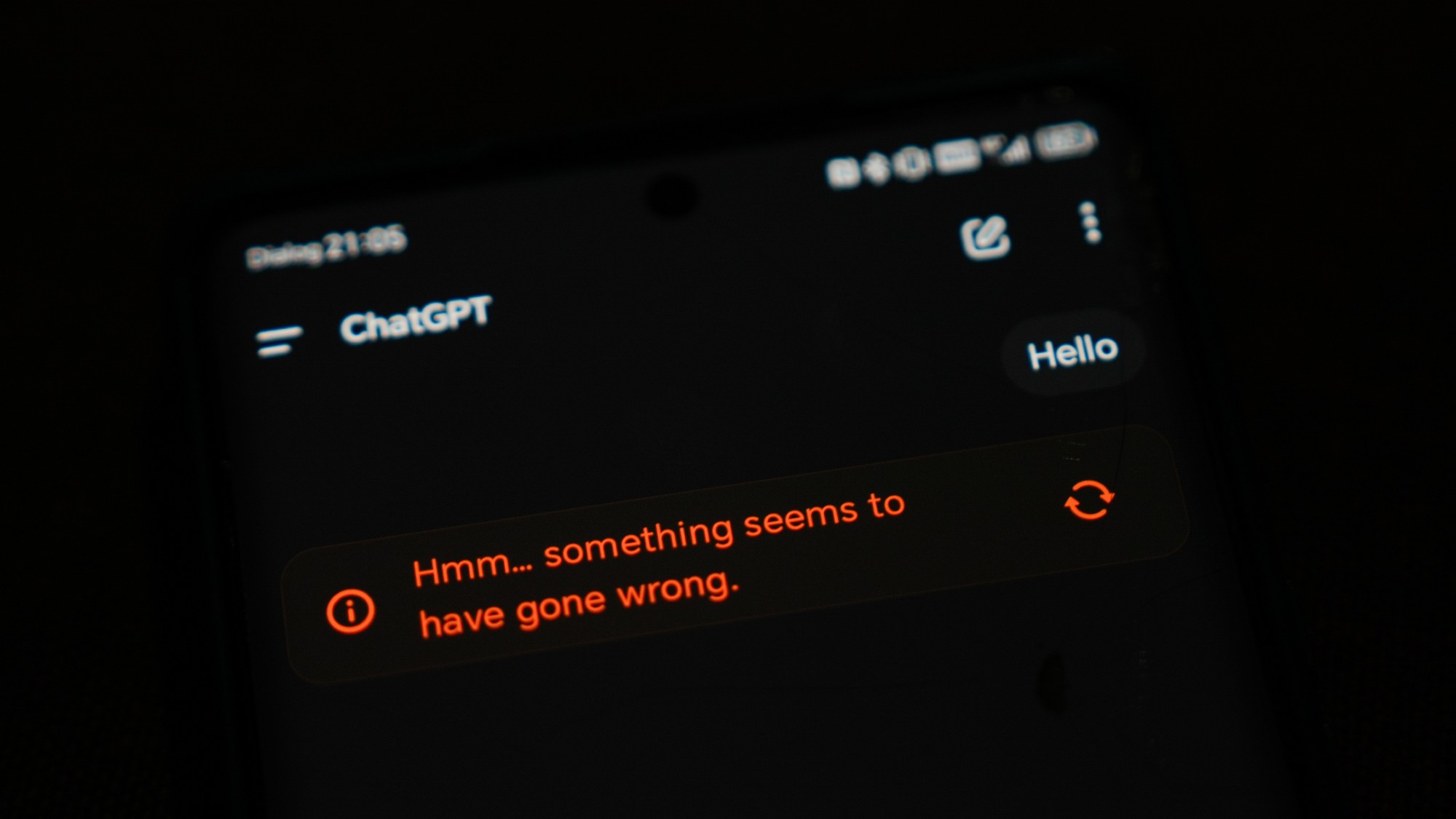The ChatGPT app showing an error message