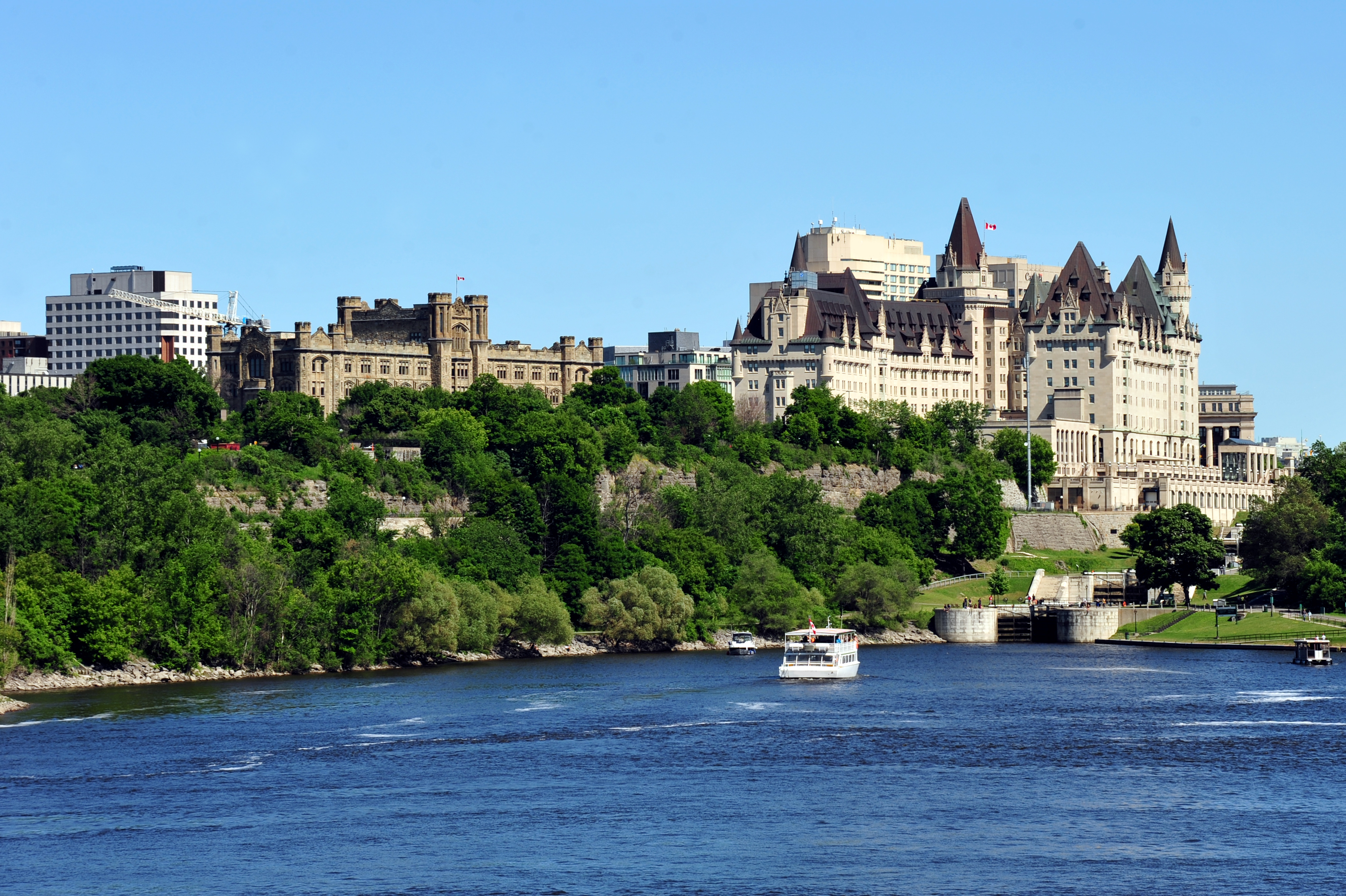 Ottawa skyline view from the Ottawa River including the start of the Rideau Canal and the Chateau Laurier
