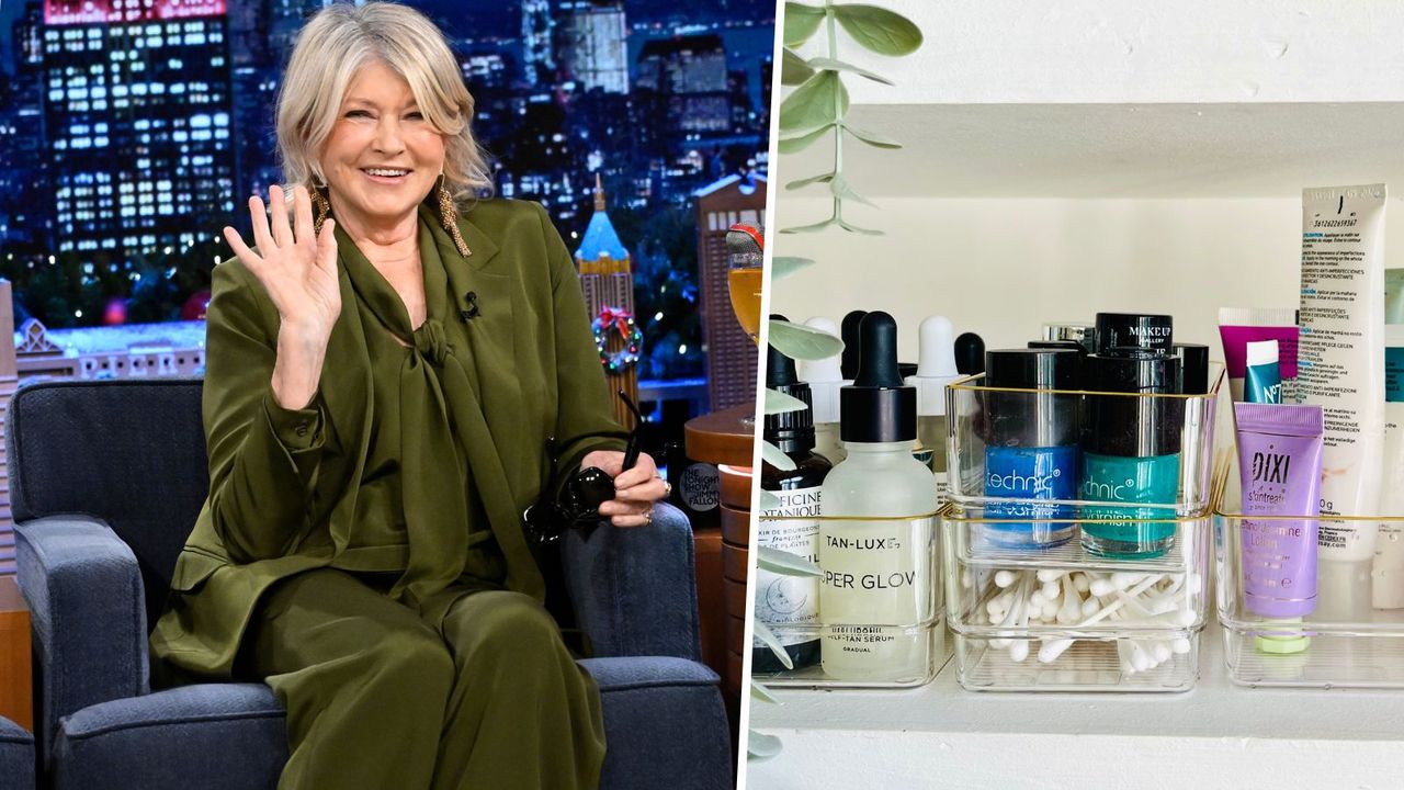 Martha Stewart in an all green suit sat on a blue chair waving / A lifestyle image of clear plastic organizers being used to store makeup and white shelves