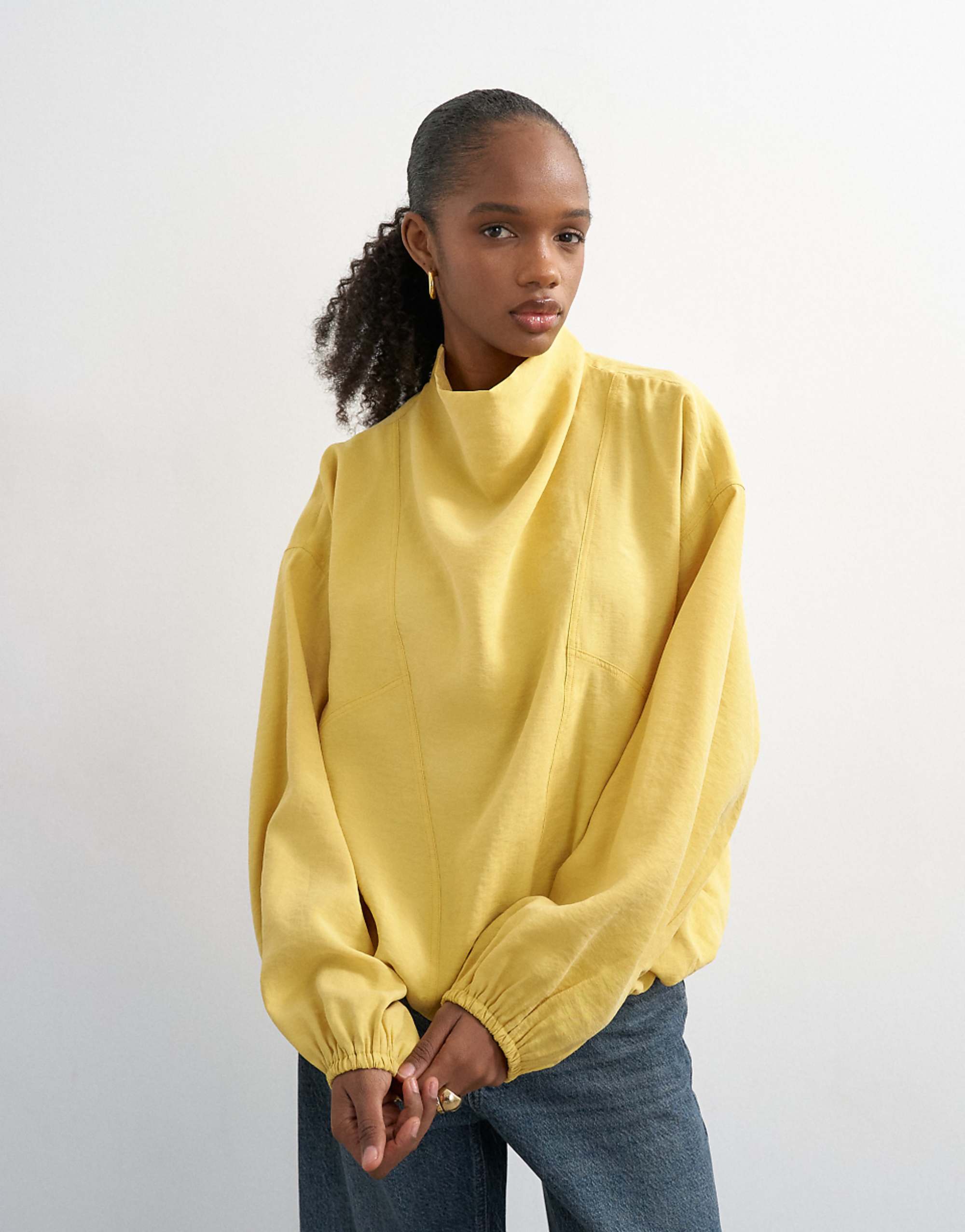 Topshop Seam Detail Cuffed Long Sleeve Top in Yellow