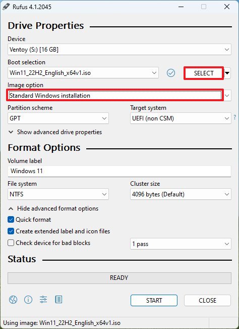 Настройки создания USB-накопителя Rufus Windows 11