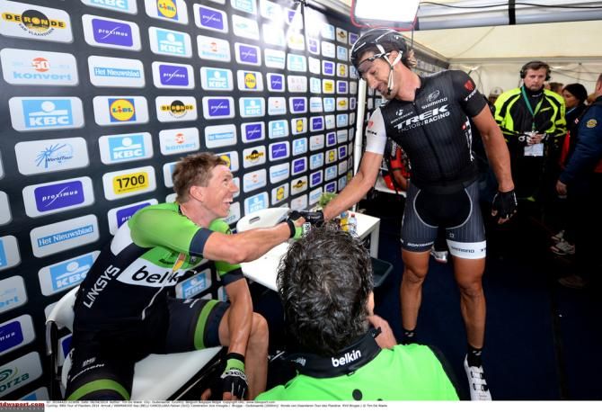 Sep Vanmarcke and Fabian Cancellara congratulate each other