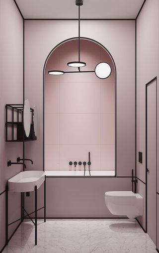 modern bathroom with pink tiles and black accents