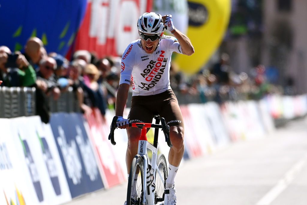 SAN MARTINO DI CASTROZZA ITALY APRIL 18 Geoffrey Bouchard of France and AG2R Citroen Team celebrates winning during the 45th Tour of the Alps 2022 Stage 1 a 1609km stage from Cles to PrimieroS Martino di Castrozza 708m TouroftheAlps on April 18 2022 in San Martino di Castrozza Italy Photo by Tim de WaeleGetty Images