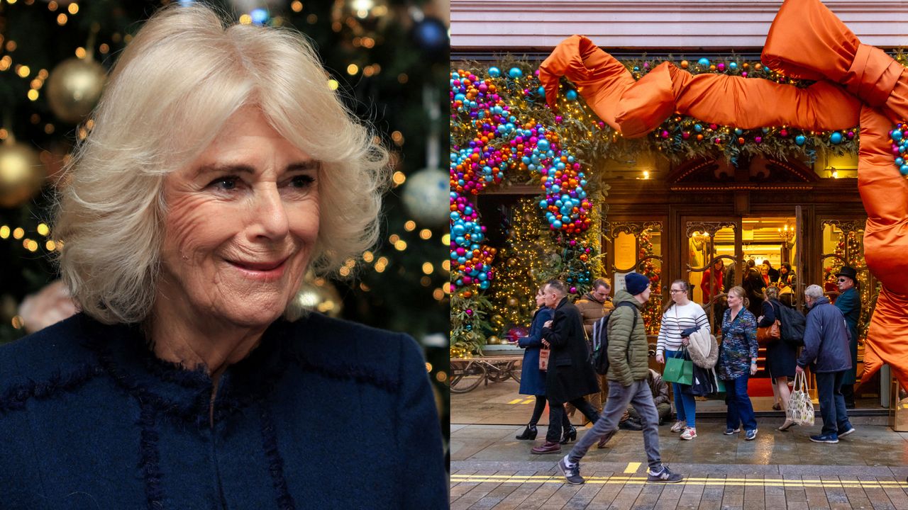 A photo of Queen Camilla wearing a blue coat in front of a Christmas tree next to a shot of the Fortnum &amp; Mason exterior in London decorated with a huge orange bow and lights filled with Christmas shoppers