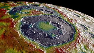 A gravity map of the moon's southern latitudes overlaid on terrain based on data from NASA's Lunar Reconnaissance Orbiter.