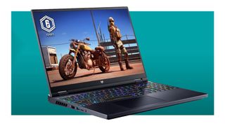 The Acer Predator Helios 16 gaming laptop on a blue/green background