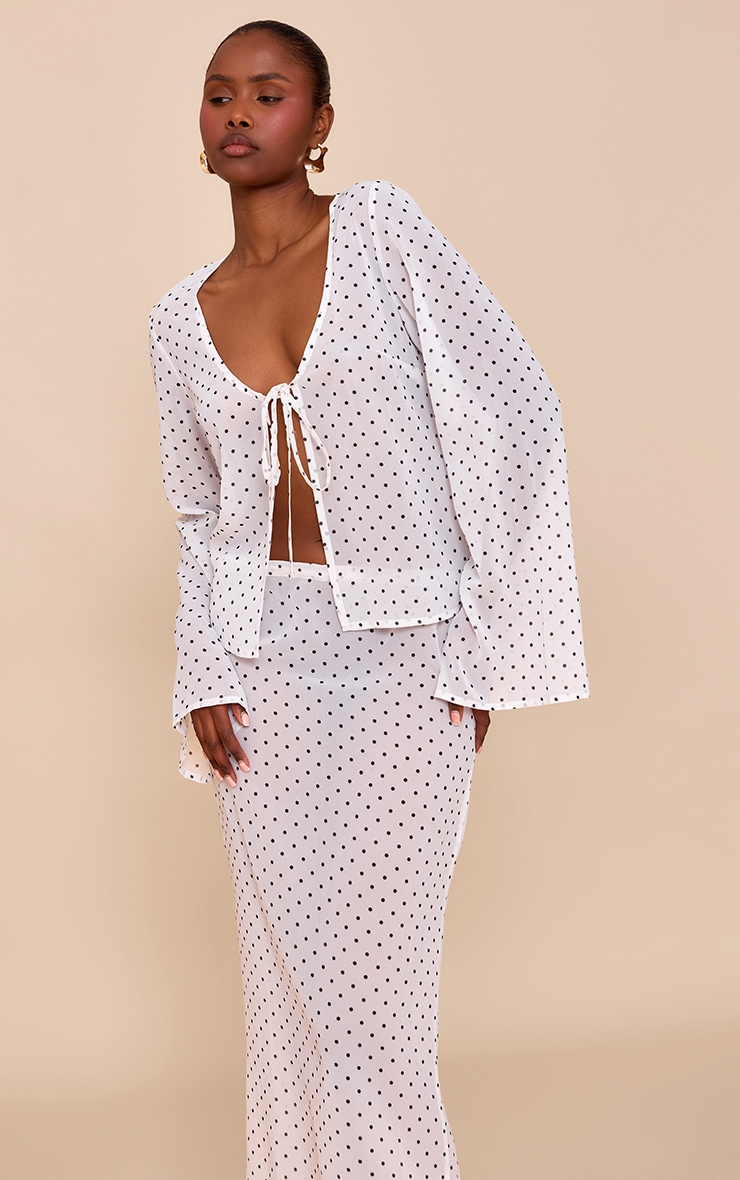 White Sheer Polka Dot Long Sleeve Button Up Top