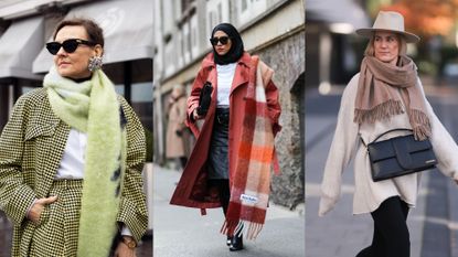 composite street style image of three women wearing the best scarves for women