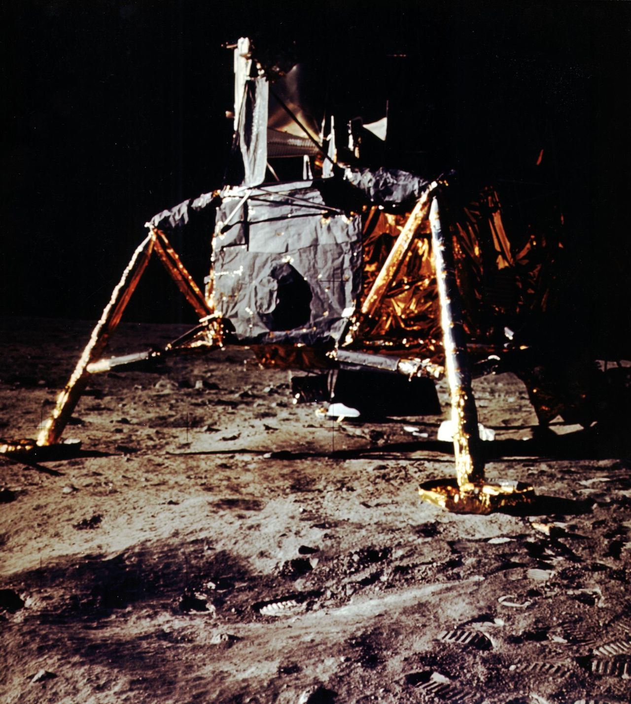 The Apollo 11 lunar module, nicknamed Eagle, standing on the moon's surface in July 1969.