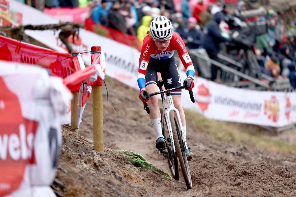 Dutch Puck Pieterse pictured in action during the women's elite race at the World Cup cyclocross cycling event in Zonhoven on Sunday 07 January 2024, stage 12 (out of 14) of the UCI World Cup competition.
BELGA PHOTO DAVID PINTENS (Photo by DAVID PINTENS / BELGA MAG / Belga via AFP)