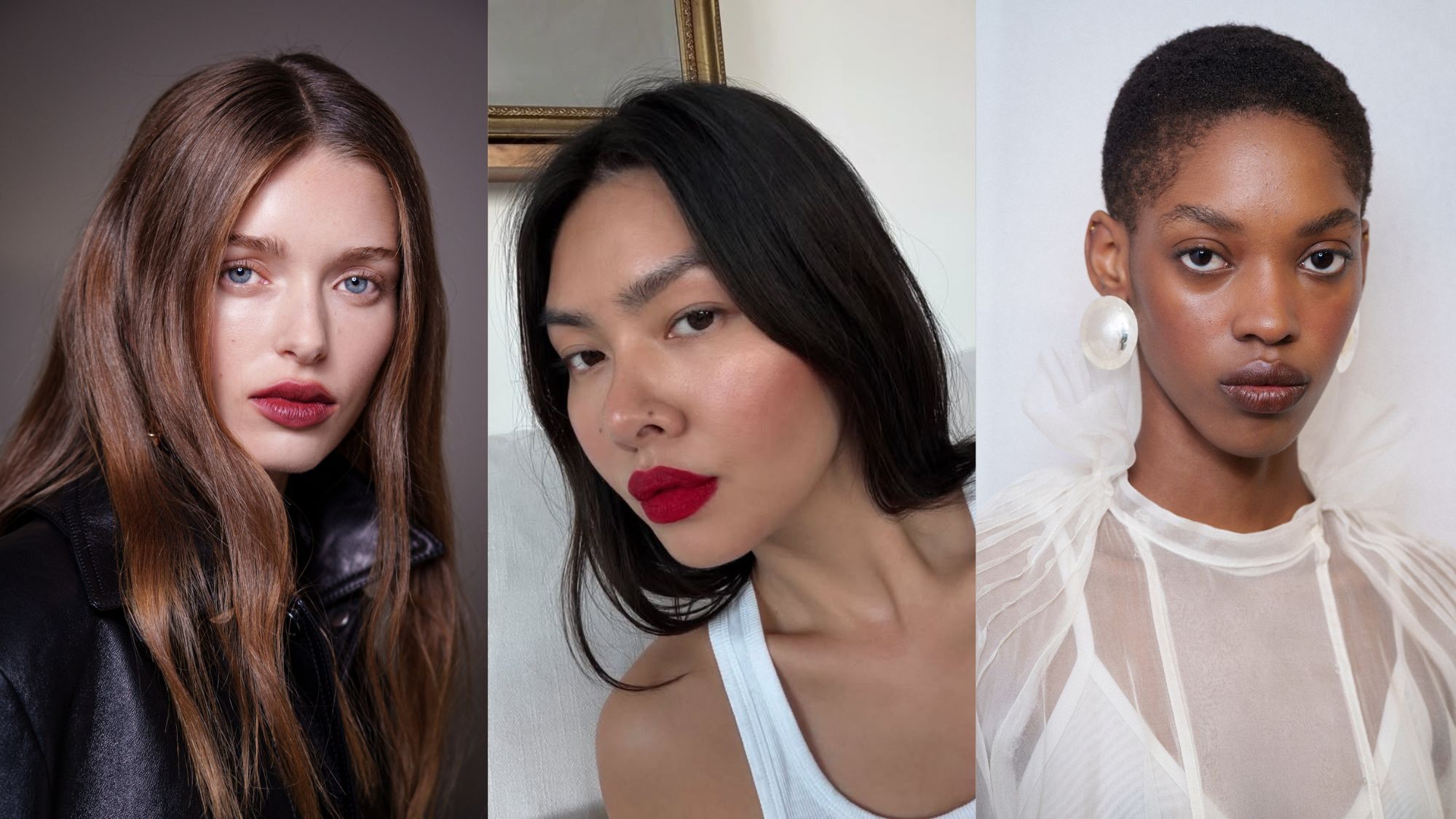 A collage of runway and content creator photos of the subjects wearing blurred matte lips.