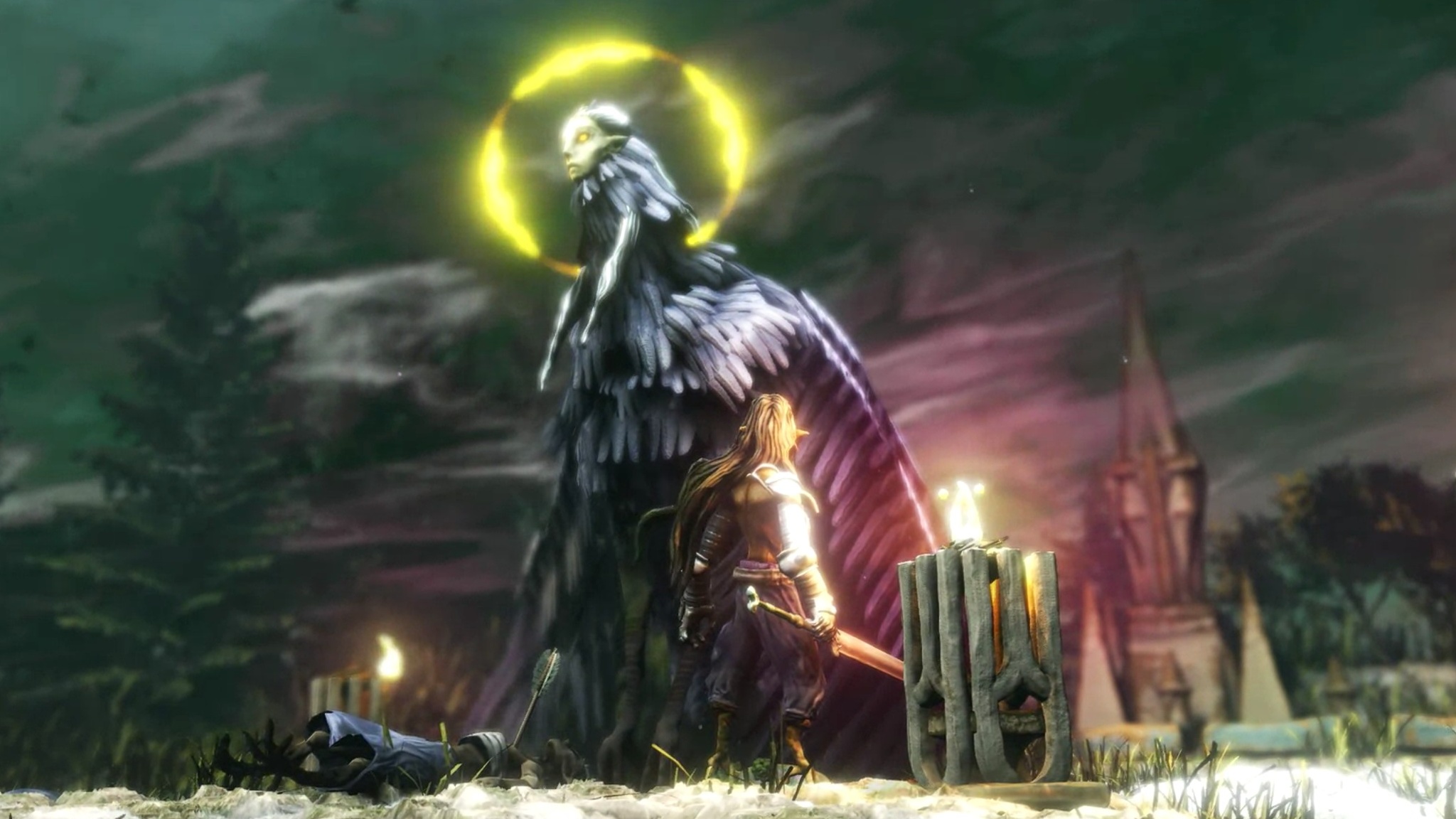 Sword-wielding man confronts giant birdwoman.