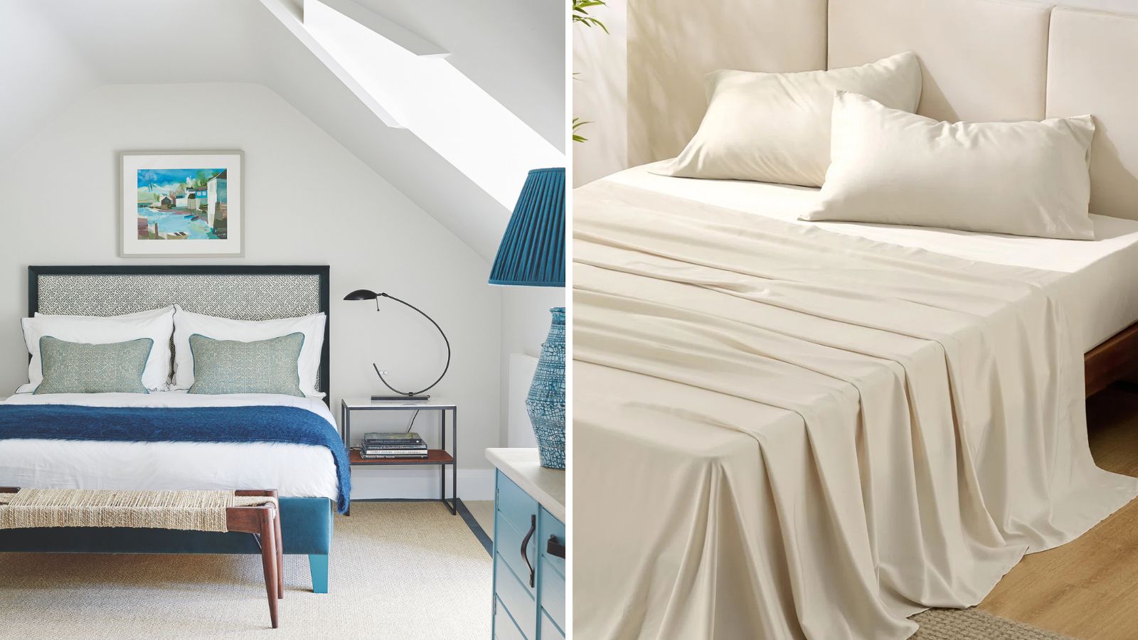Bedsure bedding split image header with a white bedroom with blue accents, and cream bedding shown on a white bed.