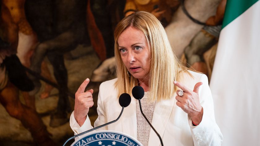 Italian Prime Minister Giorgia Meloni addresses a press conference after a meeting at Palazzo Chigi. 