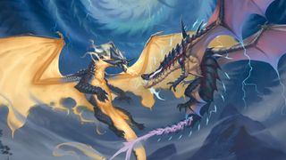 Two dragons battle in the air with their breath weapons