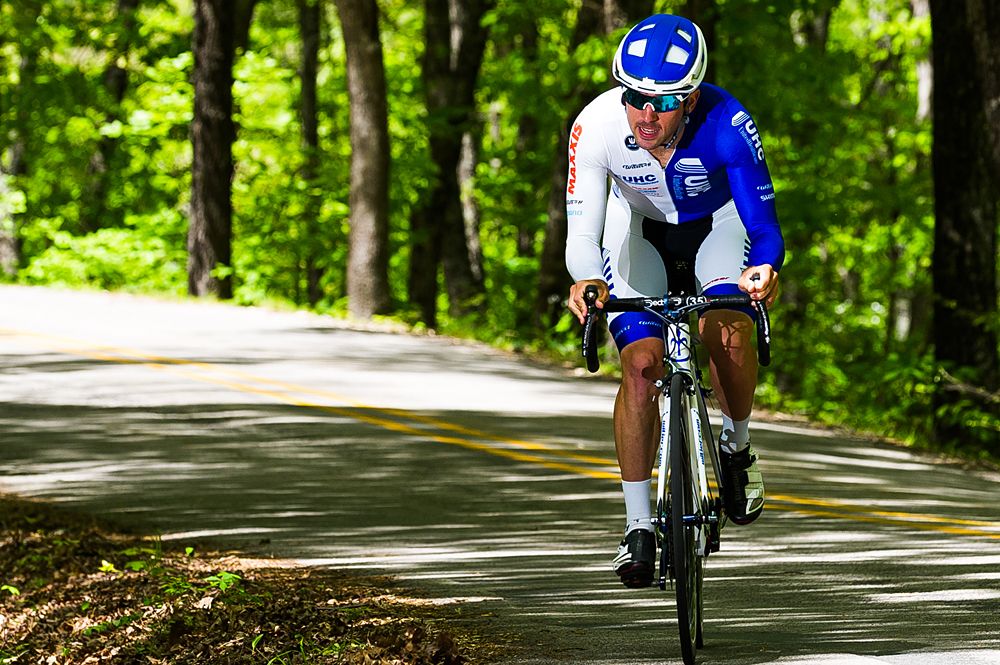 A UnitedHealthcare Professional Cycling Team (USA) rider makes his way up the switchback section of the course.