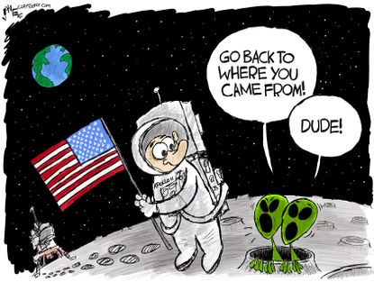 Political Cartoon U.S. Apollo 11 Moon Landing Aliens Xenophobia