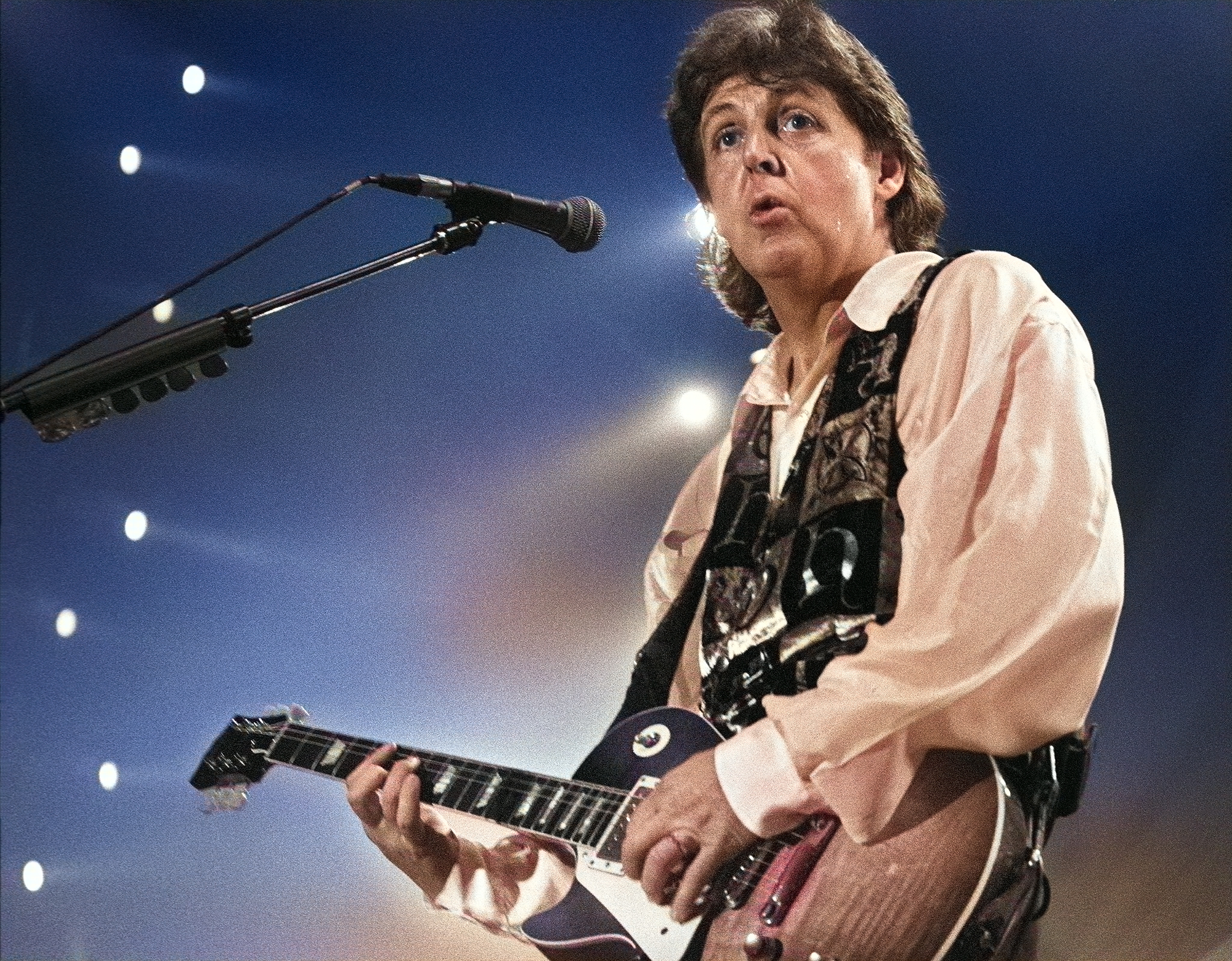Paul McCartney performs live on stage at Ahoy, Rotterdam, Netherlands on one leg of his The New World Tour on October 09 1993