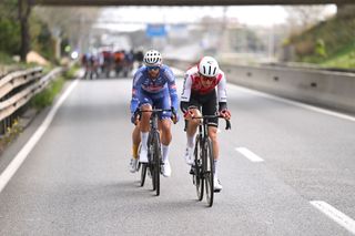 BARCELONA SPAIN MARCH 24 LR Jimmy Janssens of Belgium and Team AlpecinDeceuninck and Harrison Wood of Great Britain and Team Cofidis compete in the breakaway during the 103rd Volta Ciclista a Catalunya 2024 Stage 7 a 1453km stage from Barcelona to Barcelona UCIWT on March 24 2024 in Barcelona Spain Photo by David RamosGetty Images