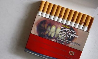 A graphic warning on a pack of Canadian cigarettes.