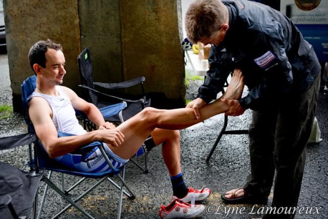 Embrocation for Davide Frattini (UnitedHealthcare) for another rainy and cold day in Beauce