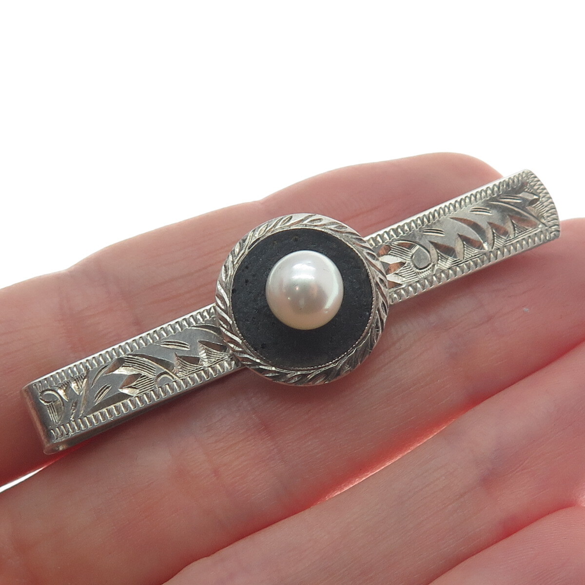 925 Sterling Silver Antique Japan Real Pearl & Wood Diamond-Cut Tie Bar Clip
