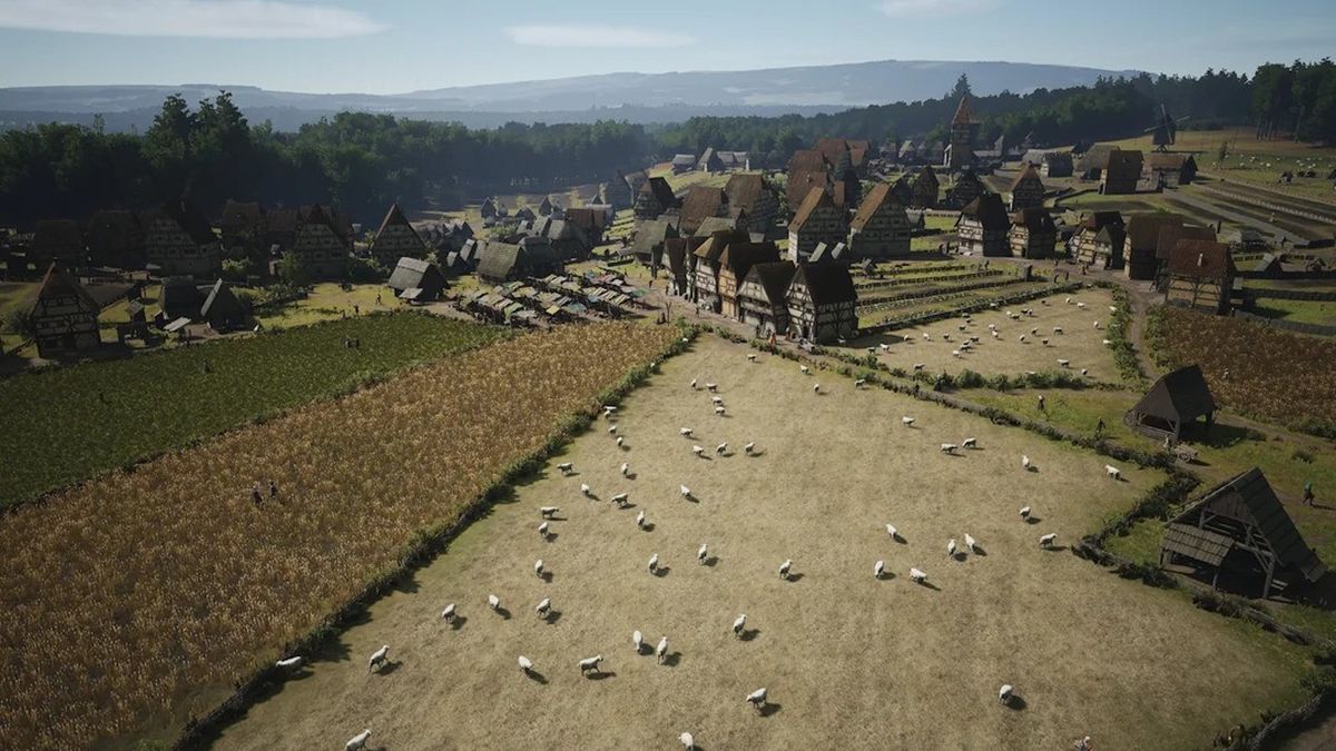 Top-down shot of a Manor Lords village overrun with sheep