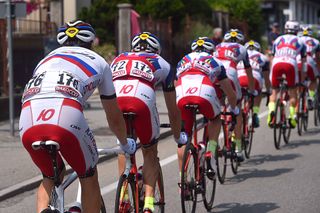 Team Katusha on the front of the peloton