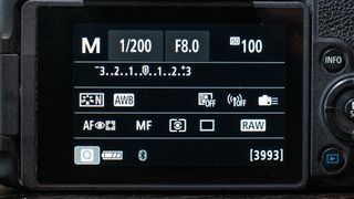 The back of a Canon camera showing settings: 1/200 sec shutter speed, aperture f/8 and ISO100