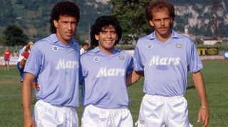 ITALY: 1988-89 Antonio Careca, Diego Armando Maradona, Alemao of SSC Napoli. (Photo by Alessandro Sabattini/Getty Images)